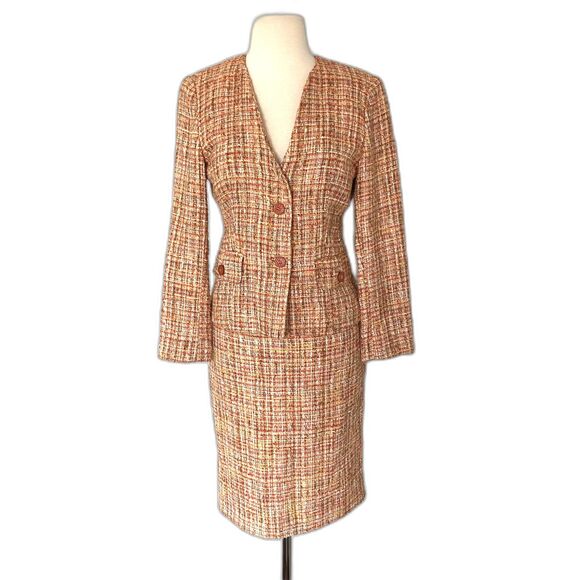 Vintage Dolce & Gabbana Orange Tweed Blazer & Skirt Set Lined Tailored No Sz Tag - Picture 1 of 12
